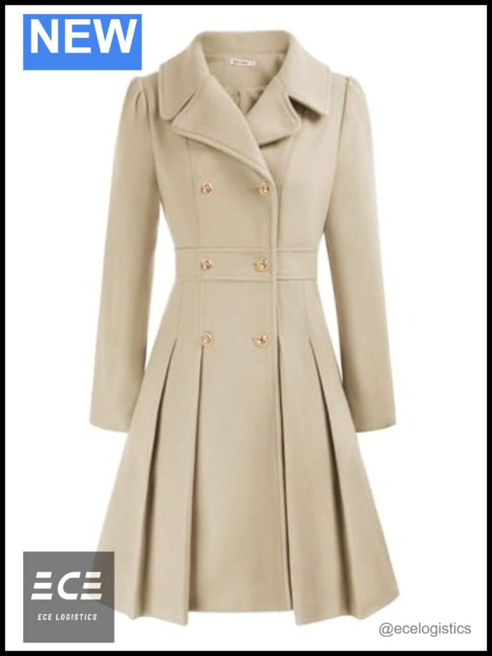 A-Line Trench Coat Double Breasted Notch Lapel Knee Length Pea Coat